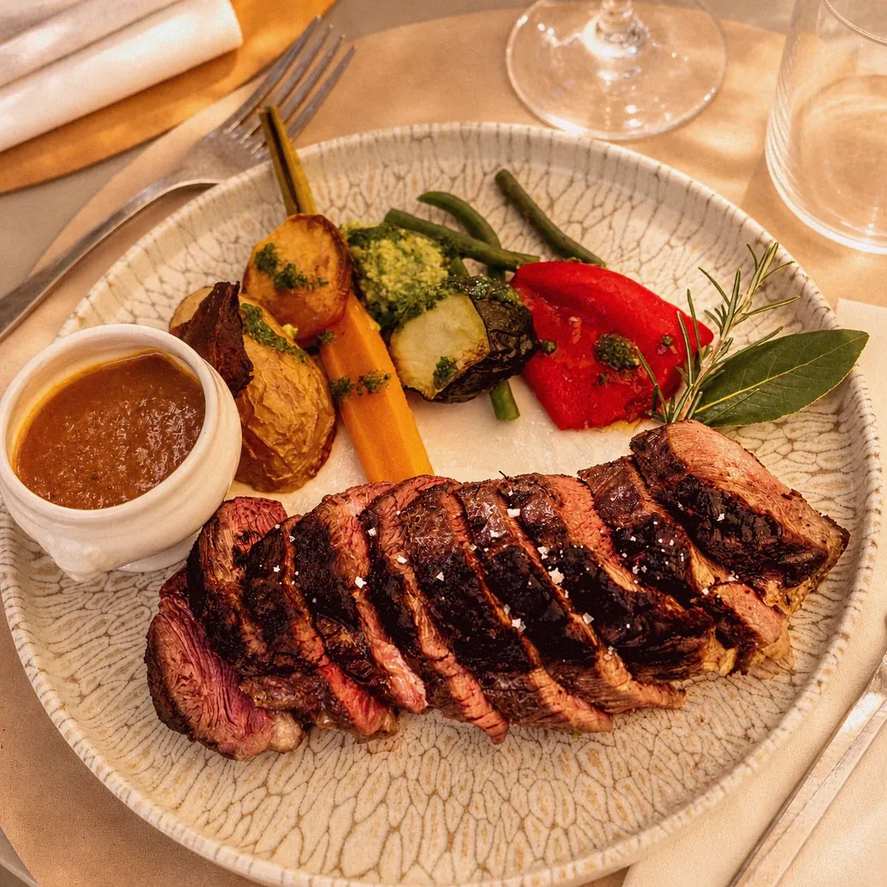 Bavette de bœuf simmental, sauce échalote, sur assiette olive.