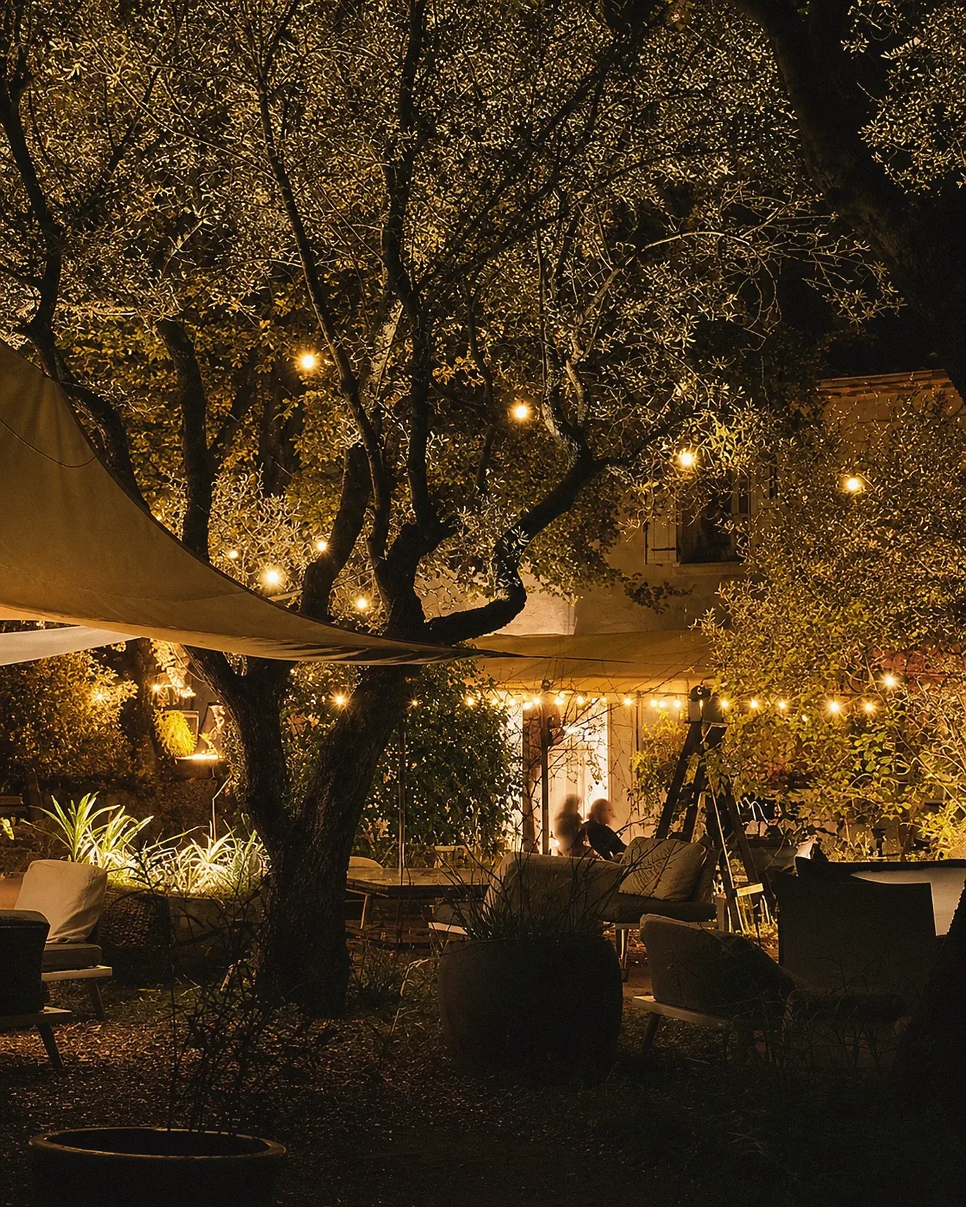 Le soir aux Buisses : guirlandes allumées, parc illuminé, air de guinguette.